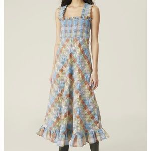 Ganni Seersucker Maxi Dress Orange Blue Plaid